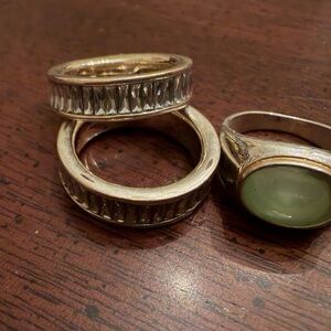 Chic Silver and Green Women's Ring Trio